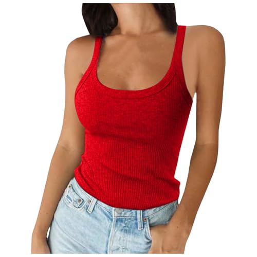 2026 - Mujeres Tirantes Espaguetis Cuello Redondo Camiseta de Tirantes Acanalados Corte Estrecho Camisola de Algodón Básica sin Mangas Camiseta de Capas Blusa Túnica Mujer Manga Larga, rojo, XS