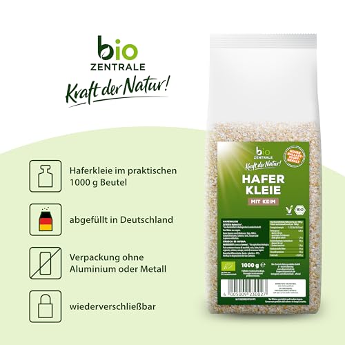 biozentrale Bio Haferkleie 1kg | Vorteilspack | Ballaststoffreiche Proteinquelle | Von Natur aus vegan | Aus EU Landwirtschaft | zuckerarm