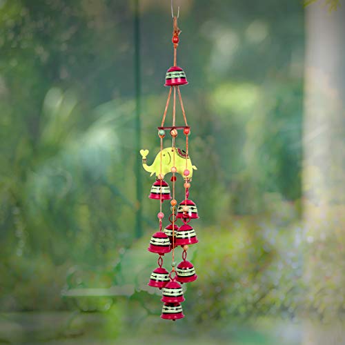 Image of Aakriti Art Creations Elephant Wind Chime with 9 Metal Bells | Handmade Modern Art Wooden & Metal Wind Chime | Outdoor & Indoor Decorative Wind Chimes for Balcony, Garden, Living Room & Gifting