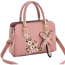 Womens Floral Embroidered Satchel Bag Elegant Faux Leather Top Handle Handbag with Butterfly Charm for Casual
