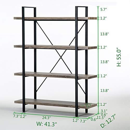image for HSH 4-Shelf Vintage Industrial Bookshelf, Rustic Wood and Metal Bookca
