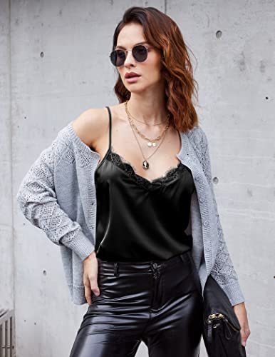 Image of Ekouaer Women's Satin Lace V Neck Camisole Tops Pajama | Women's Satin Camisole Lace Pajama Tank Tops V Neck Soft Spaghetti Strap Loose Sleepwear