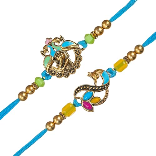 Image of eCraftIndia Peacock Lord Ganesha Rakhi Set of 2 | Rakhi for Brother Bhaiya Bhai with Best Bro Ever Fridge Magnet | Roli Chawal Pack