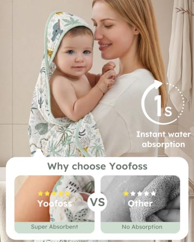 Image of Yoofoss Hooded Baby Towels for Newborn 2 Pack 100% Muslin Organic Cotton Baby Bath Towel with Hood for Babies, Infant, Toddler and Kids, 32x32Inch, Soft and Absorbent Newborn Essential, Green Giraffe