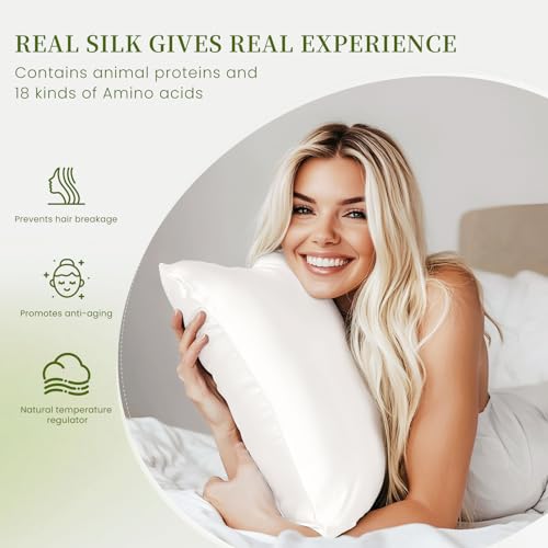 Image of THXSILK Mulberry Silk Pillowcase King Size, Set of 2 Pillowcases, Pillow Cover with Hidden Zipper, Soft Smooth Cooling Pillowcases for Hair and Skin, Gift for Women Men, White