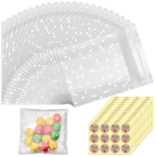 Pratici Bustine Trasparenti: Riceverete 200 bustine trasparenti per confetti, ogni sacchetti per confetti misura 7 x 7cm più un lembo di 3 cm e viene fornito con 204 adesivi per rendere i vostri sacchetti trasparenti per caramelle più sofisticati e distintivi, i sacchettini trasparenti sono abbastanza grandi per l'uso quotidiano, bustine per confetti perfetti per le feste e la vita di tutti i giorni!