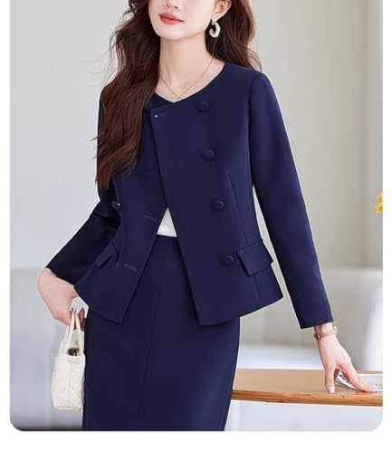 Women's Office Business 2 Pieces Set Long Sleeve Double Breasted Blazer Elegant Slit Midi Skirt4
