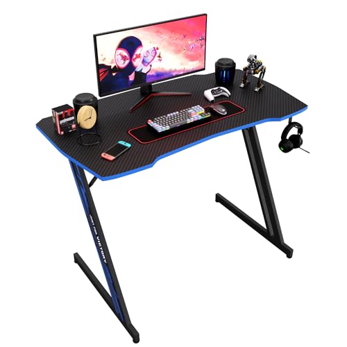 Image of BestOffice Gmaing Desk Z Shaped 39.4in Computer Gaming Workstation Ergonomic Gaming Table with Headphone Hook for Game Players, Blue