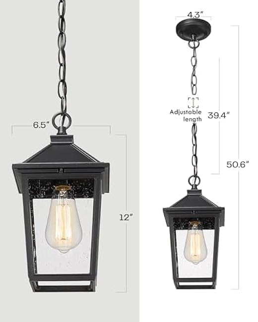 Outdoor Pendant Lights, HWH Farmhouse Exterior Hanging Porch Light, Outside Hanging Lantern with Height Adjustable Chain, Matte Black Finish with Seeded Glass, 5HX64H BK