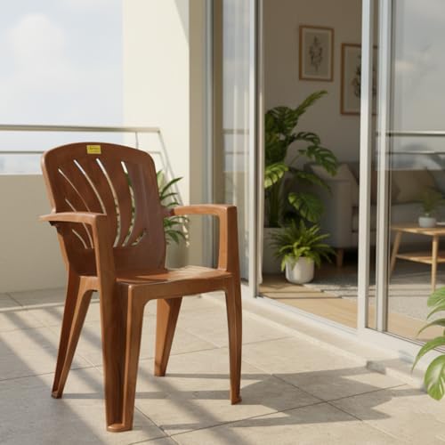 Image of Single Plastic Chair for Home & Outdoor Use | Heavy Duty Comfortable Chair with Strong Legs | Easy to Clean | Suitable for Living Room, Balcony (Pack of 1-Elba | Sandalwood)