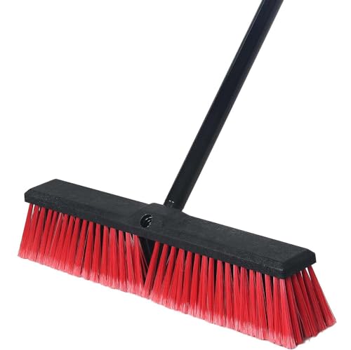 18 Push Broom Outdoor Heavy Duty with Stiff Bristles 63 Long Handle Large Commercial Sweeping Broom for Concrete Wood Scrub Brush for Cleaning Shop Garage Deck Patio Driveway (Red)