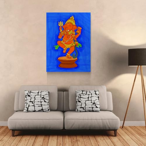 Image of ARTEBELLA Dancing Ganesha Canvas Wall Art, Blue and Orange, Hindu Deity Theme, Home Decor (31.5 in X 42.75 in)