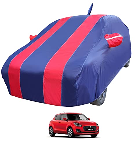 Image of Auto Hub Car Cover Compatible with Maruti Swift (Model : 2005-2017) with Antenna & Mirror Pocket, Weather Proof, Triple Stitched, Swift Car Cover- Navy-Red