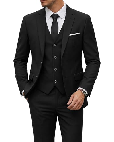 Image of YND Men's 3 Piece Suit with Tie, Solid Color Slim Fit Jacket Vest and Pants