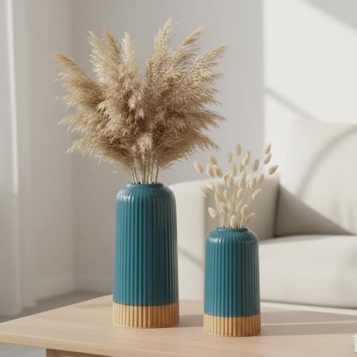 Image of PUREZENTO 'EmeraldDuo' Ceramic Ribbed Vase 6 & 8 Inch - Set of 2 | Decorative Ribbed Vase for Dried Flowers & Pampas Grass | Centerpiece Vases for Modern Home Decor, Living Room, Office Decor Ideas