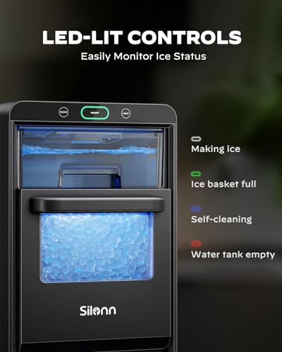 Image of Nugget Ice Maker Countertop - Silonn Pebble Ice Maker Machine Crushed Ice, Pellet Ice 44 lbs per Day, Pull-Out Water Tank and Removable Ice Basket for Home, Kitchen, Stainless Steel