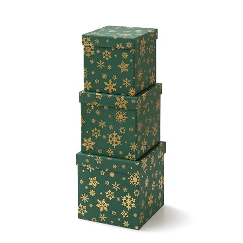 Es With Lids, Green Vintage Reusable Christmas Nesting Boxes For Presents, Decorative Cardboard Large Holiday Storage For Keepsakes And Snowflakes Decor, Set Of 3