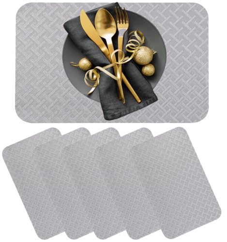 Image of Dining Table Placemats Set of 6 | Table Mats with Anti-Slip Silicone Dots Bottom | Heat Resistant Foldable Place Mats for Dining Table and Kitchen | 45 x 30 cm (Grey, UrbanWeave)
