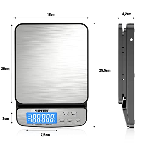 Nilpferd Digitale Paketwaage bis 50kgs, Postwaage,Briefwaage digital, benutzt für Haus/Büro/Lager/Markt,Feineinteilung in 1g Schritten, LCD Anzeige, Grammgenau, Batterien enthalten(silber)