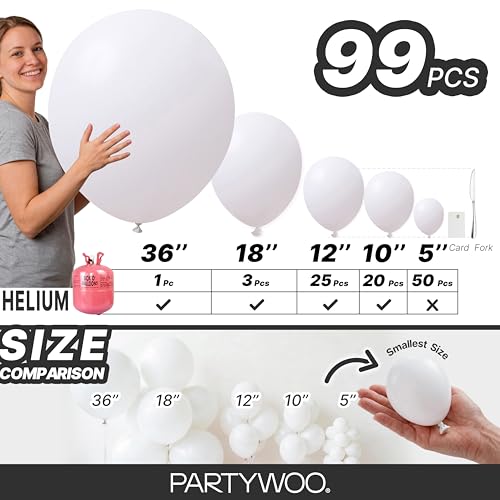 Image of PartyWoo White Balloons 99pcs Matte White Latex Balloons Different Sizes