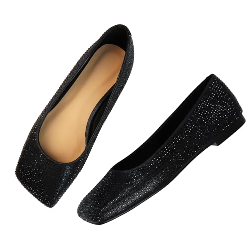 Ballet Flats Shoes for Women Rhinestones Square Toe Wide Width Ballerina Flats Sparkly Embellished Wedding Shoes