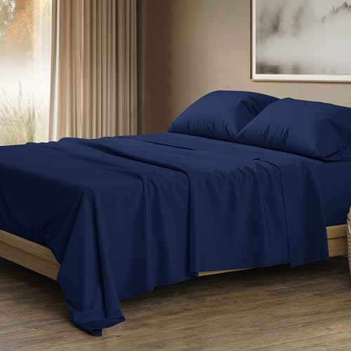 Image of THREAD SPREAD 100% Egyptian Cotton Sheets Queen Size - Luxury 1500 Series Queen Sheet Set Egyptian Cotton (4 PC, Navy Blue), Silky Soft, Sateen Weave, Cooling & Breathable, 17 inch Deep Pocket Bed Set