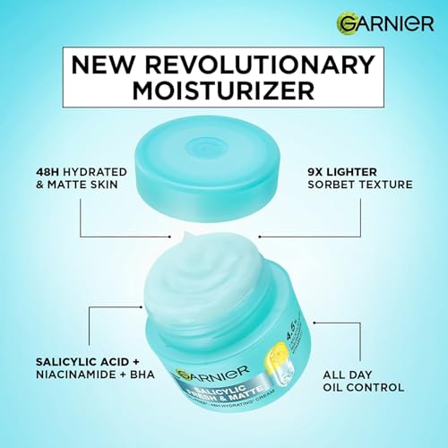 Image of Garnier Fresh & Matte Salicylic Acid Sorbet Gel Face Moisturizer, 90g | Salicylic Acid + Niacinamide + Vitamin C, Sorbet Face Cream, For Hydration & Oil Control, for Oily, Normal & Combination Skin