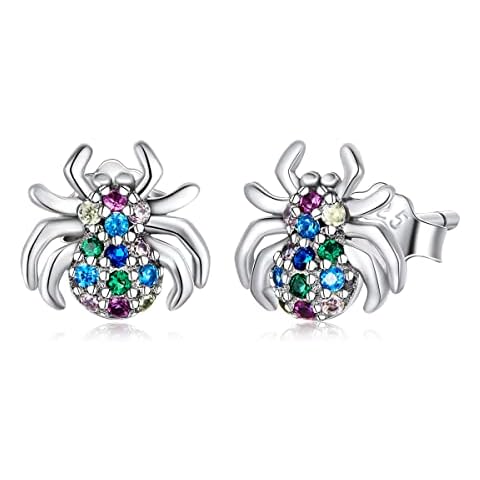 VOROCO 14K gold plated Sterling Silver Spider Stud Earrings Cute Colored CZ Earrings stud spider insect flat back Earring for Women Jewelry Cover