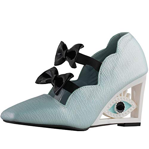 SHOW STORY Vintage Blue Bows Square-Toe Wedge Eye Shape High Heels Pumps,LF108053