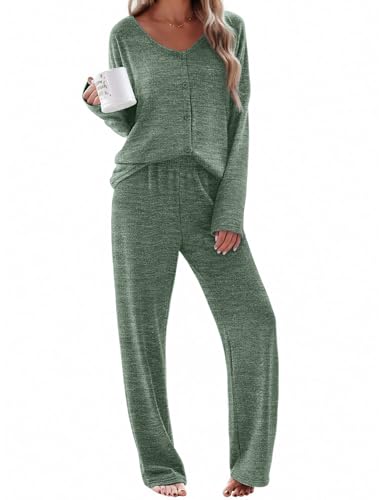 Ekouaer Womens Pajama Sets Button Up Long Sleeve Pjs Soft Lounge Set 2 Piece Sleepwear with Pockets