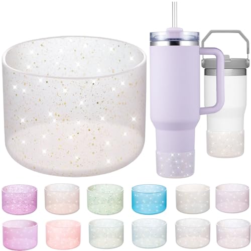 Onlymory Silicone Boot for 30 40 OZ Stanley Cup Accessories, Glitter Boots for Stanley 20OZ 30OZ Tumbler Ice-Flow 16OZ Bottle, Anti-Slip Bling Protector Bottom Cover Sleeve, Clear Gold Pink