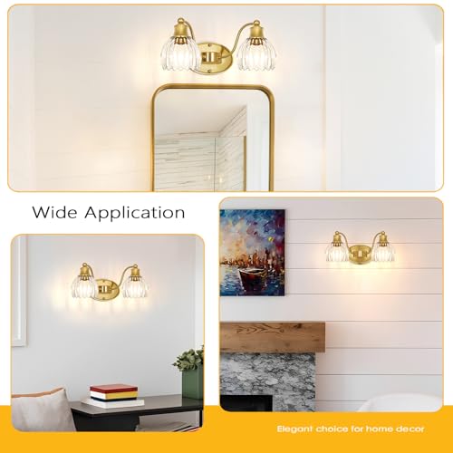 Image of Vintage Bathroom Vanity Light Fixture Over Mirror, 2-Light Brushed Gold Bathroom Wall Sconce with Clear Glass Shades, Antique 15in Gold Vanity Lighting for Bathroom, Farmhouse, Hallway, Dressing Room