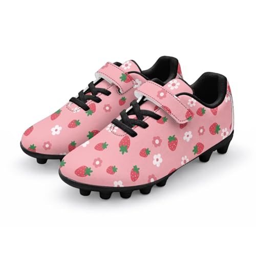 Yorontervo Kids Soccer Boots Children's Soccer Boots Kid Outdoor Cleats Strawberry Pink Print Non-slip Rubber Studs PU Lightweight for Outdoor Field Football Practice Hook and Loop Strap 11.5 Little Kids