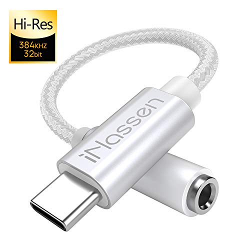 iNassen Adaptador USB C Jack 3.5 mm, Apdatador de Audio para Auriculares, Cable Nylon Convertidor USB Tipo C Chipset DAC para Huawei Mate 10/P20/P30/P30 Pro,Google Pixel 3/2,Sony XZ2 and More - Plata