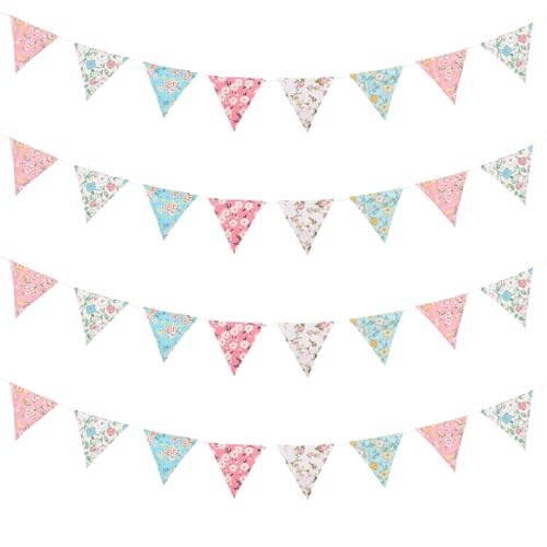 Image of Zwiebeco 32Ft Pink White Blue Fabric Floral Pennant Banner Bunting Cotton Flower Triangle Flags Party Decorations for Birthday Wedding Engagement Bridal Baby Shower Rustic Village Home Garden Decor