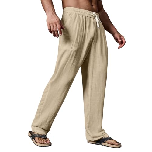 Linen Pants Men 2025 Summer Beach Pants Drawstring Casual Pant Slim Fit Lightweight Baggy Linen Joggers with Pockets