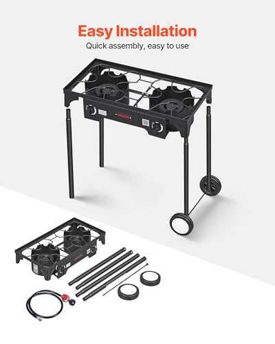 Image of VEVOR 2 Burner Outdoor Propane Gas Stove, 150,000 BTU Propane LPG Gas Camping Stove, Heavy-duty Carbon Steel Outdoor Cooker, with 2 Wheels & 20 PSI Regulator & Hose, for BBQ Camp Home Patio Backyard