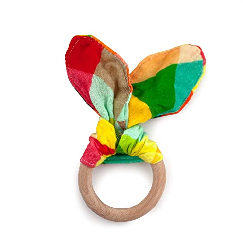 Image of Kanga Care Baby Soft Muslin Sensory Crinkle Bunny Ear Wood Teething Ring - Finn Geometric