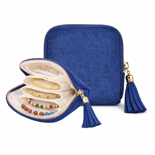 Drsman Small Travel Jewelry Pouch for Women, Compact Travel Jewelry Pouch with Layered Storage, Zippered Jewelry Travel Bag for Rings, Earrings, Bracelets, Necklaces (Gem Blue)