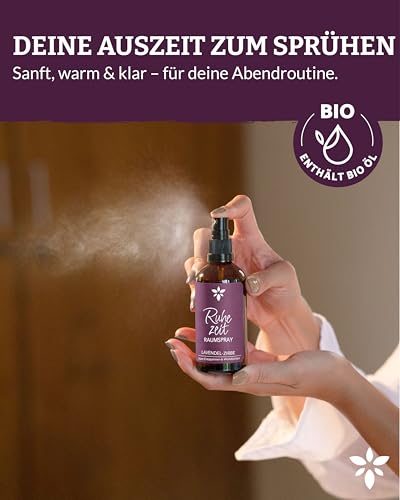 Heldengrün® Kissenspray zum Einschlafen 'Ruhezeit' [ECHTE BIO-ÖLE] Dermatologisch getestet - Kopfkissenspray mit Bio-Lavendel & Zirbe - Schlafwohl Kissenpray
