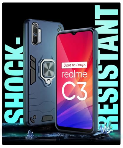 Image of WOW IMAGINE Shock Proof Back Case Mobile Cover for Realme C3 (Armor | Hybrid PC + TPU | Full Protection with Ring Holder Kickstand | Carbon Blue)