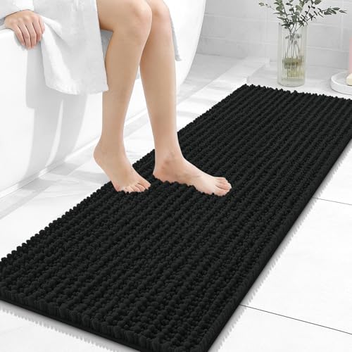 Image of OLANLY Long Bathroom Rugs Runner 47x17, Thick Soft and Absorbent Chenille Bath Mat, Non-Slip, Machine Washable Quick Dry Bath Rugs for Tub Shower Floor, Home Decor Accessories, Black