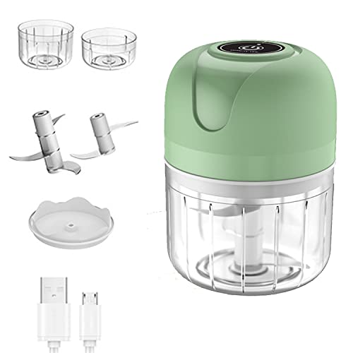 Mini coupe-ail électrique, robot culinaire sans fil portable, mixeur 250 ml Mini coupe-ail pour ail, légumes, fruits, oignons, viande, salades, aliments pour bébés (vert double couteau double tasse)