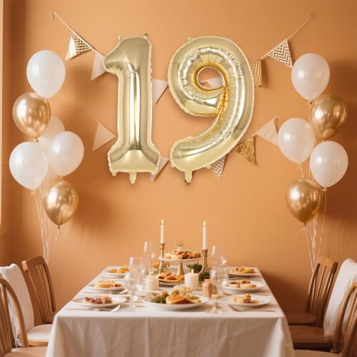 Image of Champagne Gold Large Number 19 Balloon, 40 Inch Light Gold Foil Helium Number Balloons, Giant Mylar Number 19 Balloons for 19 Years Old Birthday Party Anniversary Decorations (Champagne Gold 19)