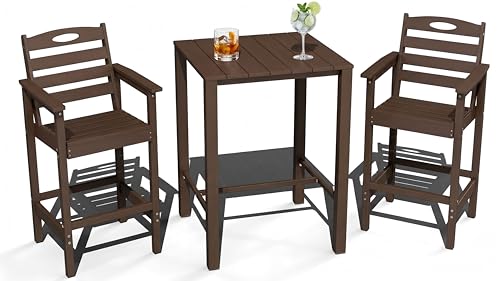Image of Domi HDPE Adirondack Patio Table and Chairs Set of 3, Adirondack bar Height Outdoor Table and Chairs, All-Weather HDPE Outdoor Bar Set for Poolside, Patio, Backyard, Brown