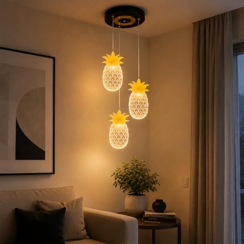 Image of Lamp master 3-Light Pineapple Ceiling Light | Decorative Hanging Light | Warm Glow | Transparent Acrylic & Metal | Gold Finish | Adjustable Height | Chandelier for Living Room, Bedroom & Dining Room