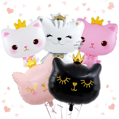 Chat Animal Ballons, Ballon Helium Chat de Couronne - 5 Pièces Décoration d'Anniversaire en Aluminium pour Chatons - Blanc, Rose et Noir, Chat pour...