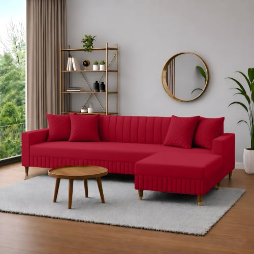 Image of AMATA Omega Solid Wood 4 Seater L Shape red Suede Velvet Fabric Sofa Set with Four Cushions Perfect for Home Office Guests Living Room (03 RED, Omega L Shape 4 SSEATER)(3 Year Warranty)