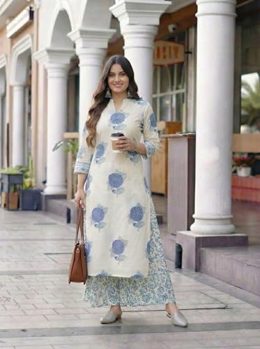 Image of ANNI Designer Women's Viscose Blend Straight Printed Kurta Palazzo Co-ord Set | Ethnic Kurti Palazzo Suit | Round Neck 3 /4 Sleeve Indian Traditional Outfit | 2 Piece Co ord Set for Women