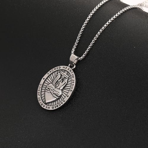NIGHTCRUZ Sacred Heart of Jesus Necklace, Oval Religious Medal Medallion Stainless Steel with Sacred Heart and Cross4